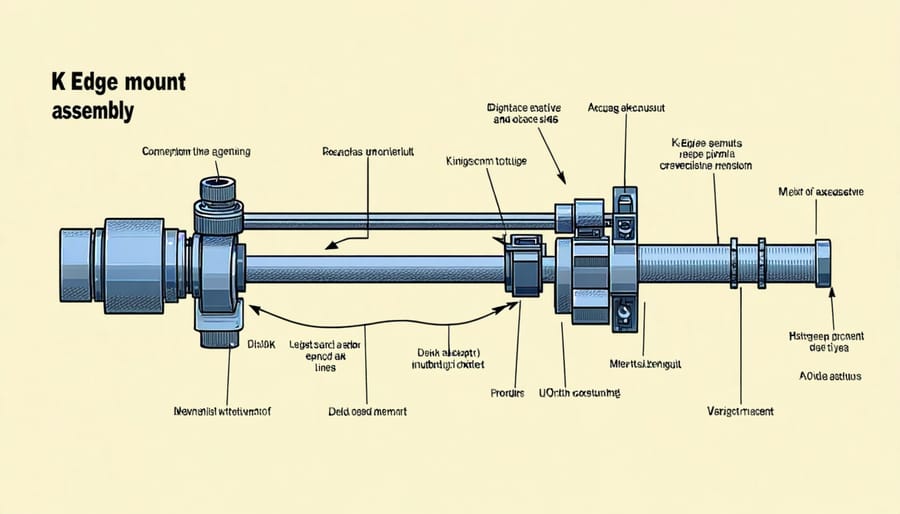 Technical diagram showing various components of a k-edge mount including mounting brackets, thermal pads, and attachment points