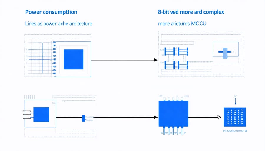 Visual comparison chart showing power consumption levels of 8-bit vs 16/32-bit MCUs