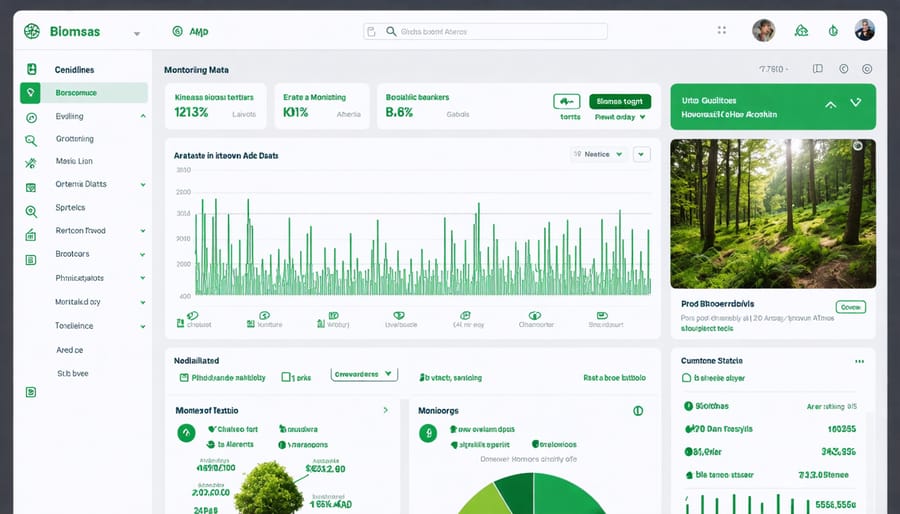 Web interface displaying biomass monitoring metrics and visualization graphs