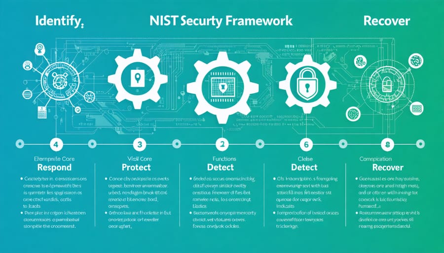 A conceptual infographic displaying the NIST IoT Security Framework's five core functions with interconnected gears and symbols for microcontroller security and network protection.