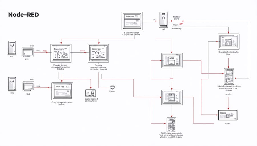 Visual programming interface of Node-RED showing connected nodes for home automation workflow