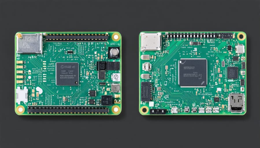 Comparison image showing standard Raspberry Pi board next to a custom board with labeled enhancements