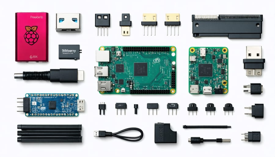 Essential Raspberry Pi equipment including boards, sensors, cables, and tools needed for hackathons