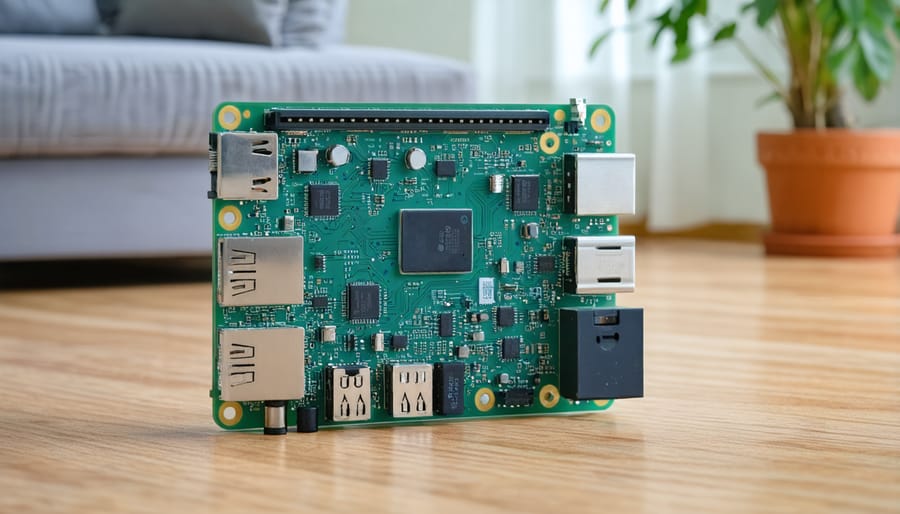 Raspberry Pi 1 Model A+ connected to sensors and LED displays in a smart home setup