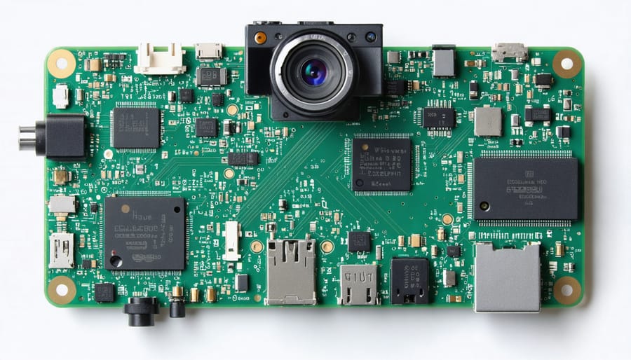 Labeled diagram showing Raspberry Pi Zero, camera module, case, and other required components laid out