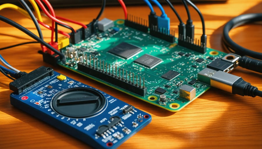 Multimeter display showing voltage and current measurements of an operating Raspberry Pi 4