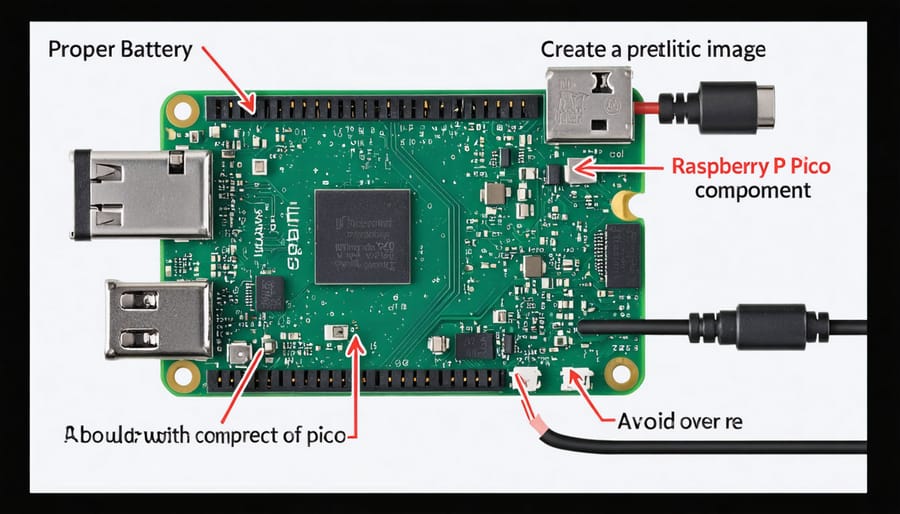 Labeled photograph showing proper battery wiring and connection setup for Raspberry Pi Pico