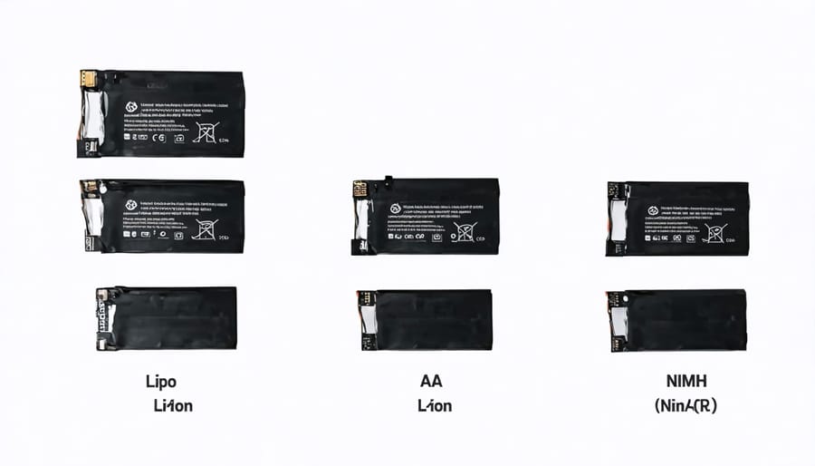 Comparison display of LiPo, Li-ion, AA, and NiMH batteries suitable for Raspberry Pi Pico projects