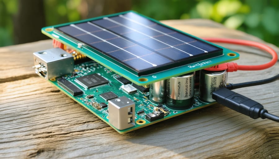 Complete solar power setup for Raspberry Pi Pico showing panel, charge controller, and battery connections