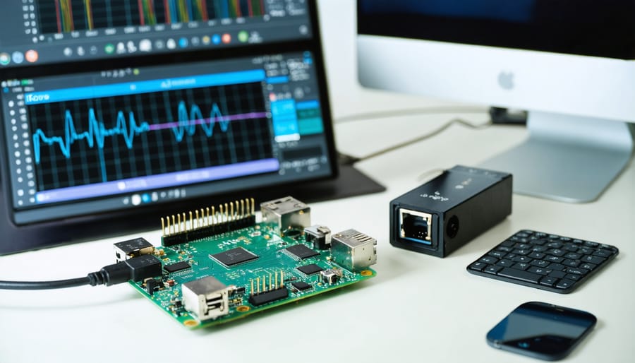 Power meter connected to Raspberry Pi showing voltage, current, and power readings