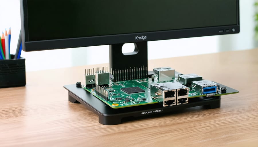 "Professional setup of a Raspberry Pi using a K-edge mount, showcasing efficient cable management, optimal airflow, and sturdy aluminum construction in a modern desk environment."