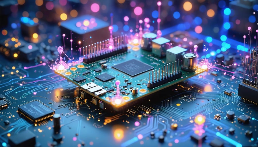 "A futuristic depiction of a Raspberry Pi at the center of a complex web of glowing quantum circuits and qubits, representing the integration of quantum computing and artificial intelligence."