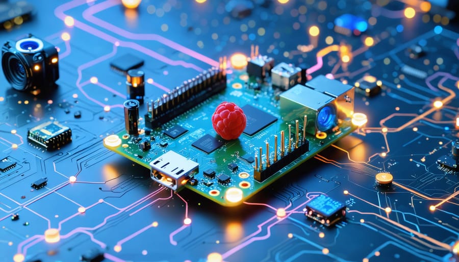 Illustration of a Raspberry Pi connected to an array of navigation sensors such as ultrasonic, camera, and LiDAR, highlighting AI-powered navigation capabilities.