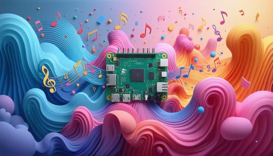 A Raspberry Pi 4 Model B surrounded by colorful sound waves and musical notes, representing its transformation into an audio effects studio with audio interfaces and connectors.