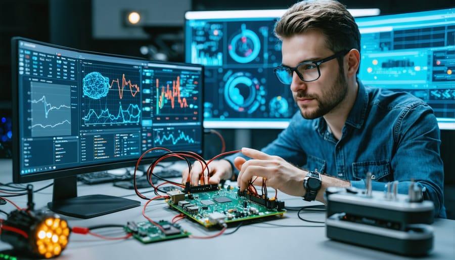 Automation engineer working with Raspberry Pi control system setup on workbench