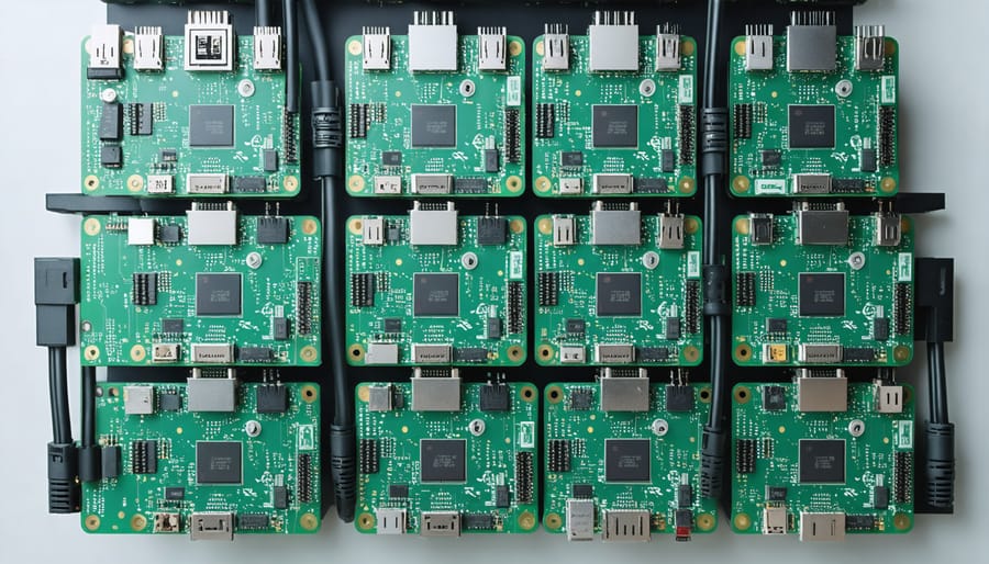 Multiple Raspberry Pi boards connected in a cluster configuration with network cables and power supplies