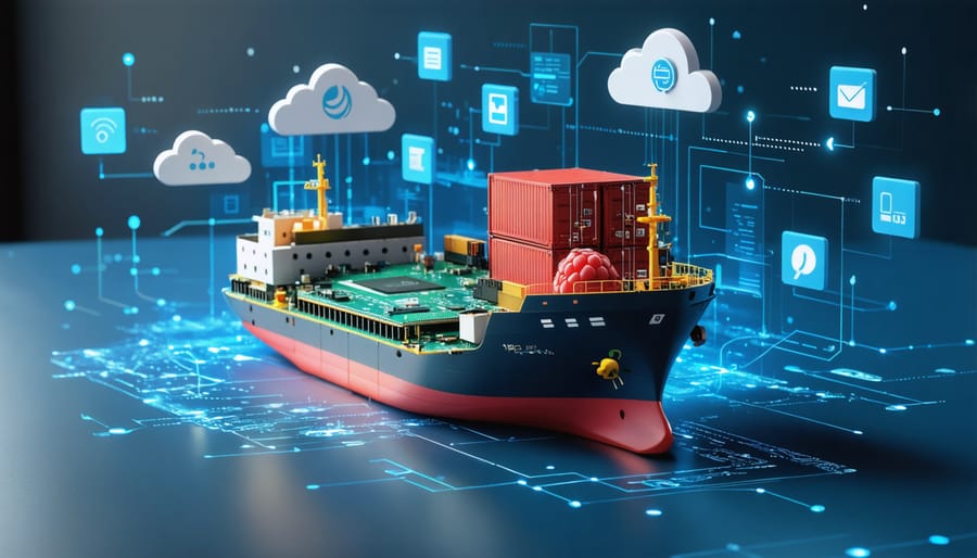 Illustration of a Raspberry Pi depicted as a container ship, surrounded by digital app icons and data streams, symbolizing the portability and scalability of containerized applications on Raspberry Pi.