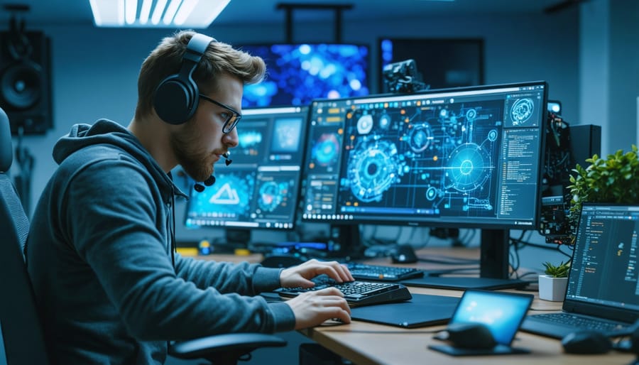 A developer working on customizing a Raspberry Pi operating system with high-tech tools and screens displaying code and diagrams, symbolizing performance optimization and resource management.