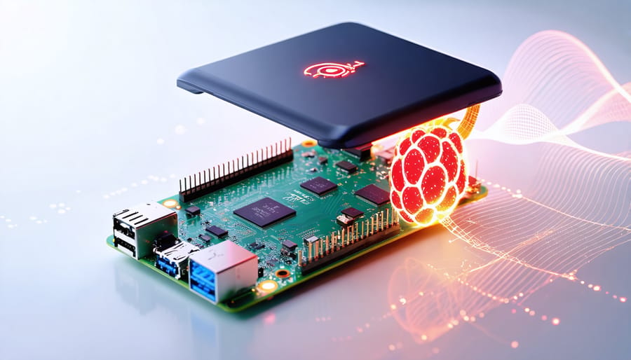 "Illustration of a Raspberry Pi 4 surrounded by neural network graphics and data processing elements, highlighting its capabilities as a deep learning edge device."