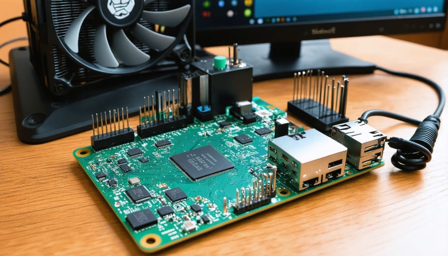 Raspberry Pi 4 setup with cooling system, power supply, and camera module arranged for deep learning projects