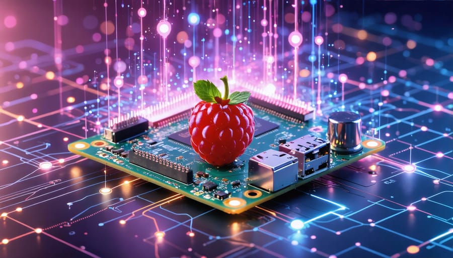 Visual representation of a Raspberry Pi at the center of a multi-layered edge computing network illustrating device, network, and cloud edges with data lines connecting them.