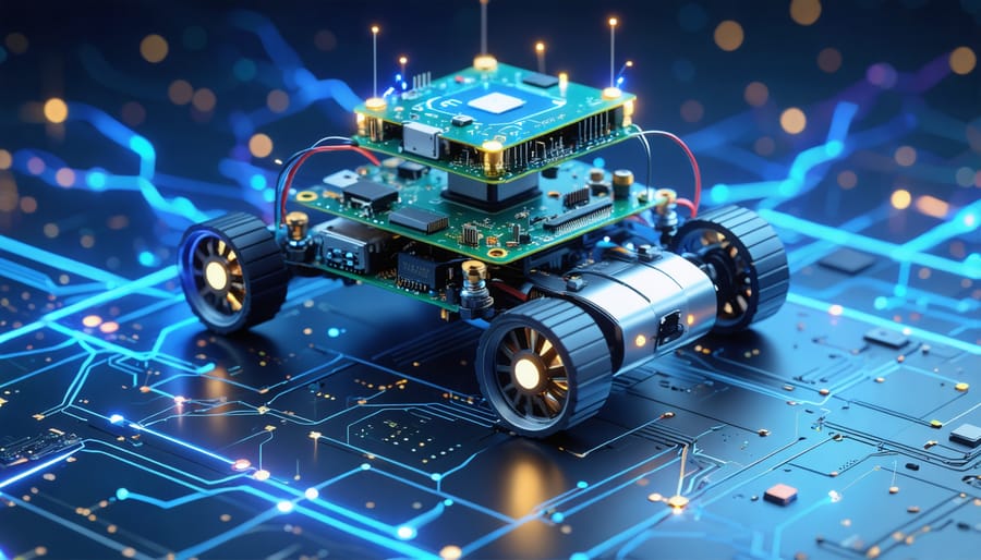 Illustration of a Raspberry Pi robot equipped with sensors and components, demonstrating the concept of edge computing. The robot is shown in motion, interacting with its environment and highlighted by dynamic digital patterns representing fast and efficient data processing.