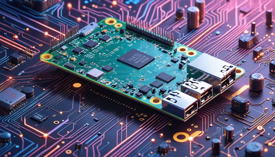 Illustration of a Raspberry Pi with data flow lines and circuit patterns representing efficient edge data storage.