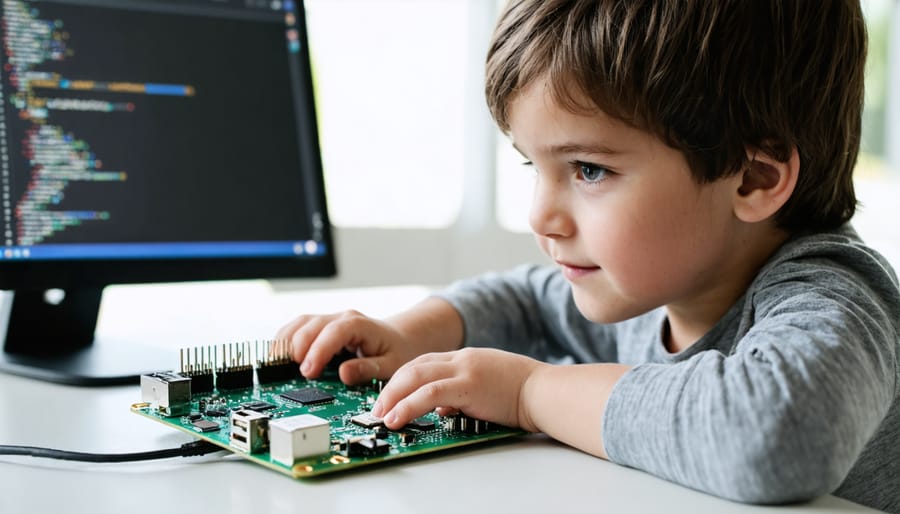 Student interacting with a colorful block-based coding interface on Raspberry Pi