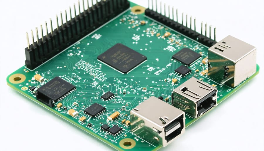 Detailed view of Raspberry Pi circuit board with GPIO pins, processor, and embedded features labeled