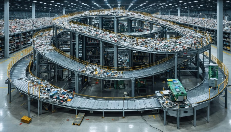 Visual depiction of a Raspberry Pi connected to sensors and sorting mechanisms handling electronic waste in a recycling center, emphasizing the role of technology in e-waste management.