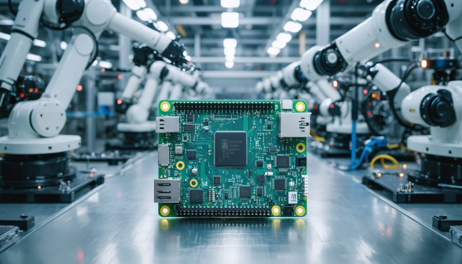 An automation engineer working on a Raspberry Pi control setup with various sensors and actuators, highlighting its application in a high-tech manufacturing environment with active robotic systems.
