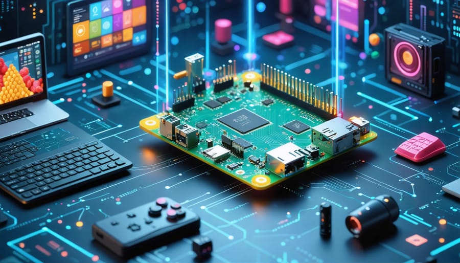 A conceptual illustration featuring a central Raspberry Pi board with visual elements representing AI home assistants, smart security systems, solar energy monitoring, and retro gaming, showcasing the device's versatility and innovation potential.