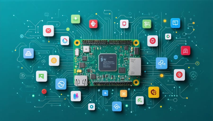 Conceptual illustration of a Raspberry Pi circuit board connected to code snippets and project icons, representing open source contribution and global collaboration.