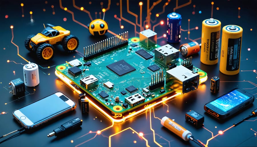 An illustration of a Raspberry Pi Pico surrounded by various batteries including LiPo, Li-ion, and AA, symbolizing different power solutions for portable projects. The image integrates elements like a small robot and environmental sensor, representing the Pico's mobile capabilities.
