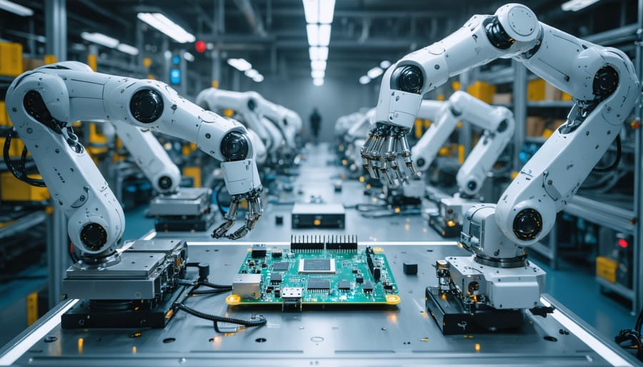 Raspberry Pi system integrated with robotic arms performing automated manufacturing tasks, illustrating RPA's impact on modern production processes.