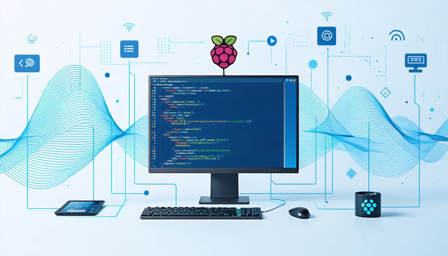 Illustration of a Raspberry Pi integrated into a local network, showing digital lines representing network communication, with a computer screen displaying SSH terminal command 'ssh raspberrypi.local', emphasizing seamless connection without needing a screen.