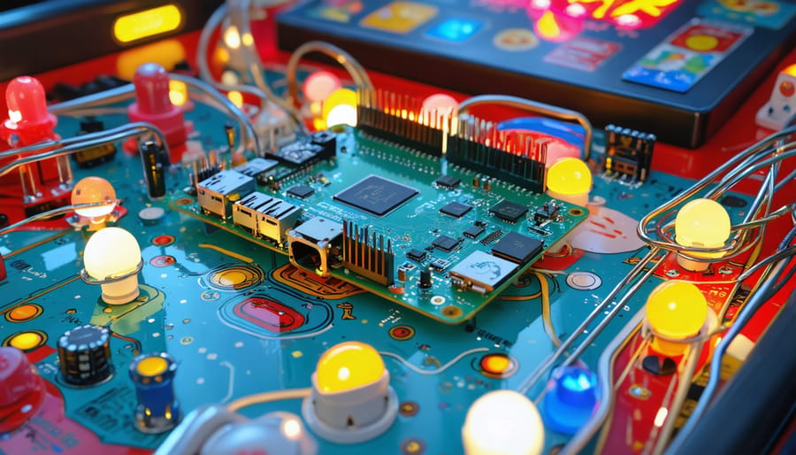 Image of a Raspberry Pi connected to screens and arcade buttons, illustrating its transformation into a virtual pinball machine with modern and nostalgic arcade elements.
