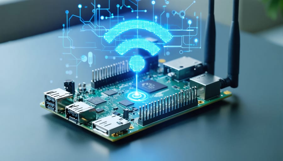 Illustration of a Raspberry Pi 4 Model B with a symbolic representation of enhanced WiFi signals achieved through hardware and software upgrades.
