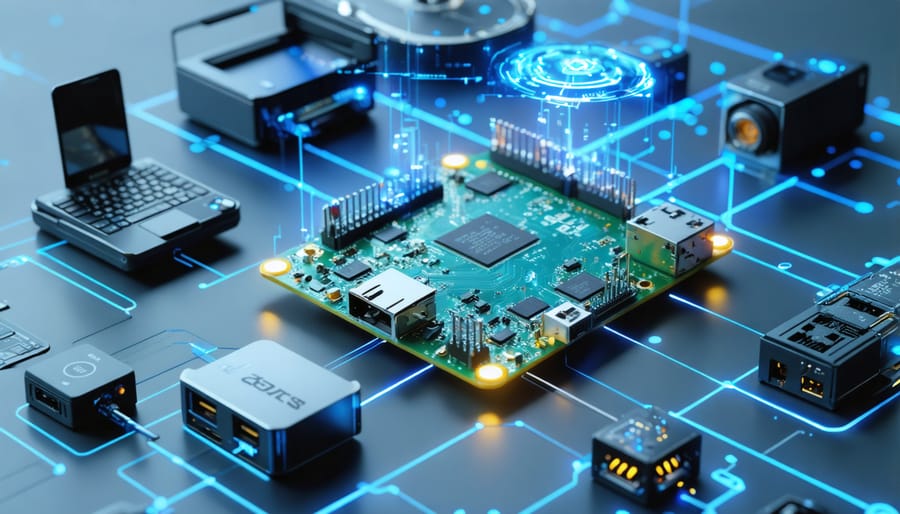 Conceptual image showing a Raspberry Pi connecting seamlessly with Zebra IoT devices, depicting data flow and integration pathways.