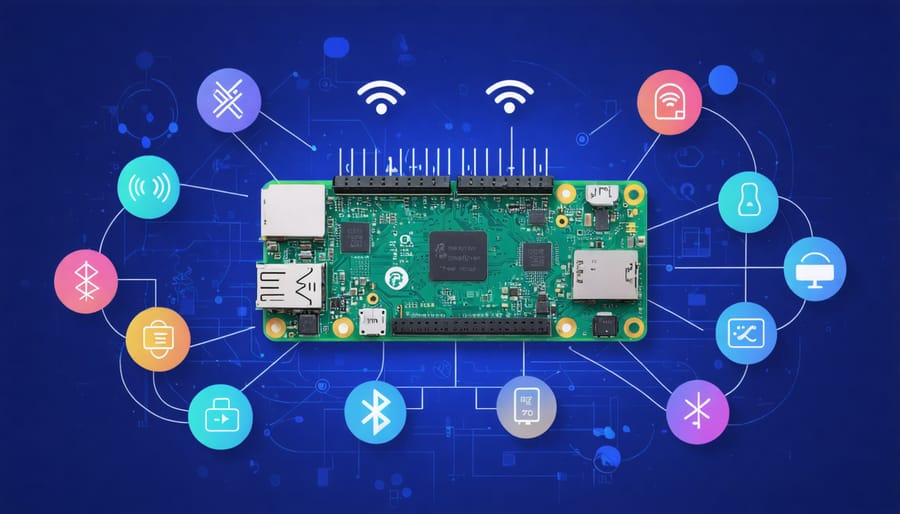 Conceptual illustration of a Raspberry Pi Zero with connectivity icons, symbolizing Wi-Fi, Bluetooth, USB, Ethernet, and cellular signals, depicting its versatile connectivity options.