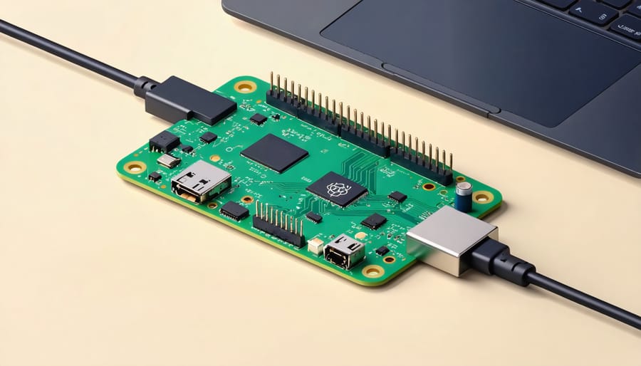 An illustration of a Raspberry Pi Zero W with highlighted components such as the WiFi chip and USB ports, surrounded by symbolic representations of wireless connectivity, emphasizing a seamless and beginner-friendly WiFi setup process.