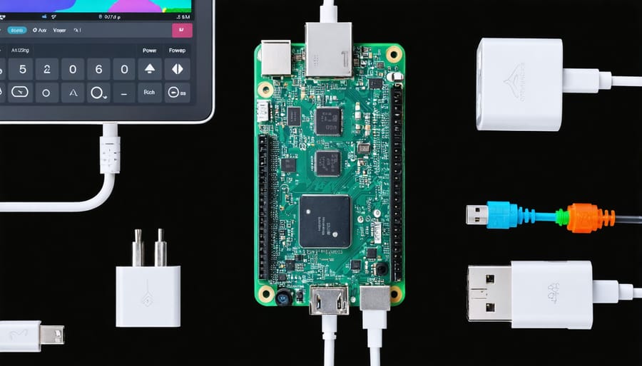 A Raspberry Pi 4 setup showing power supply options, digital multimeter, and peripherals illustrating power consumption scenarios in various applications.