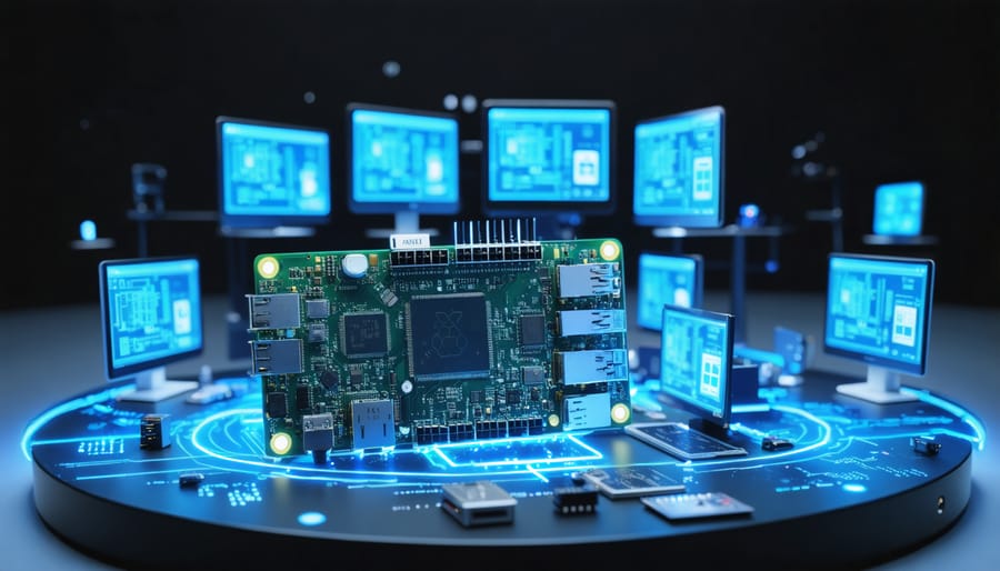 Raspberry Pi 4 depicted as a mini data center with multiple screens showcasing various operating systems, highlighting its capability to run virtual machines.