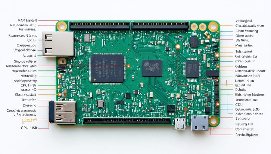 Annotated diagram of Raspberry Pi 4 board showing key hardware components for virtual machine hosting