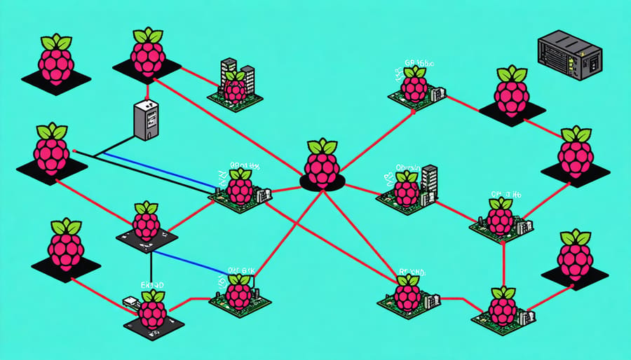 Visual representation of interconnected e-waste recycling stations sharing data across a network