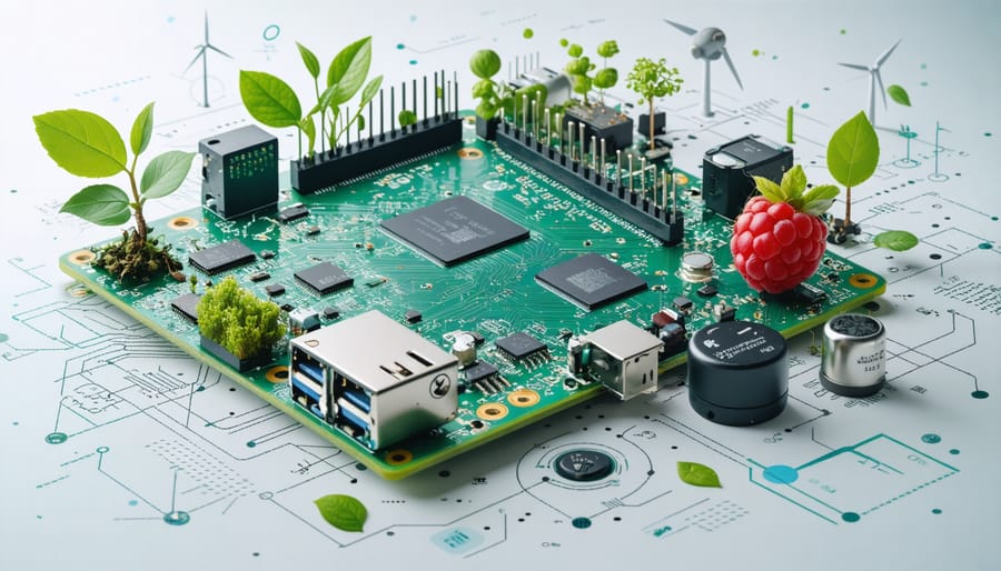 Artistic representation of a Raspberry Pi with sensors for biomass energy monitoring, with digital data streams and eco-friendly symbols symbolizing the connection between technology and renewable energy.