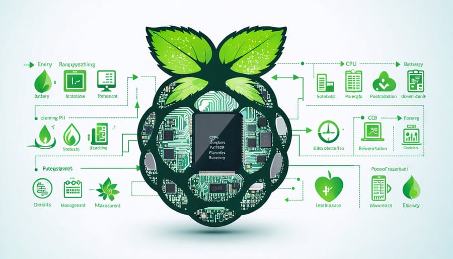 Illustration showing a Raspberry Pi with symbols of energy efficiency, including a battery, CPU scaling arrows, and power-saving features, highlighting smart power management techniques.