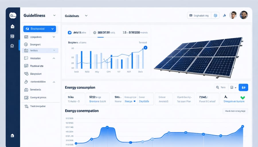 Digital dashboard displaying solar energy production statistics and household power consumption data