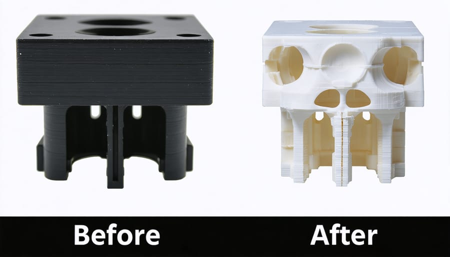 Side-by-side comparison showing a 3D print with supports versus after support removal