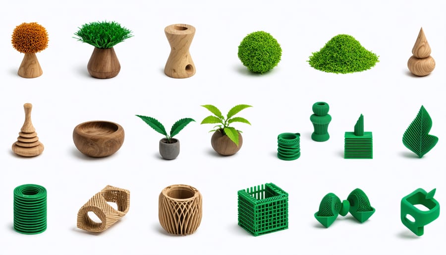 Display of 3D printed objects made from eco-friendly materials showing different colors and textures
